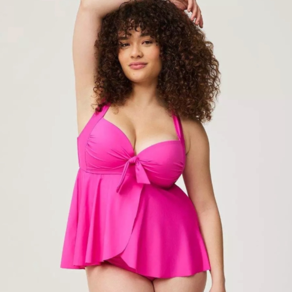 TORRID Wireless Babydoll Tie-Front Tankini Top Pink New